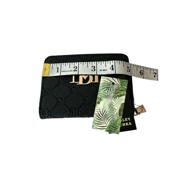 New Badgley Mischka Wallet Black Zipper Monogram Vegan Leather Glam Designer - Picture 8 of 9